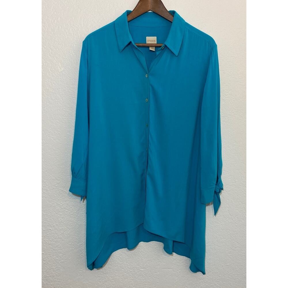 Chico's size 2 Large Blue Asymmetric Hem Button Up Tunic Tie Sleeve Lagenlook